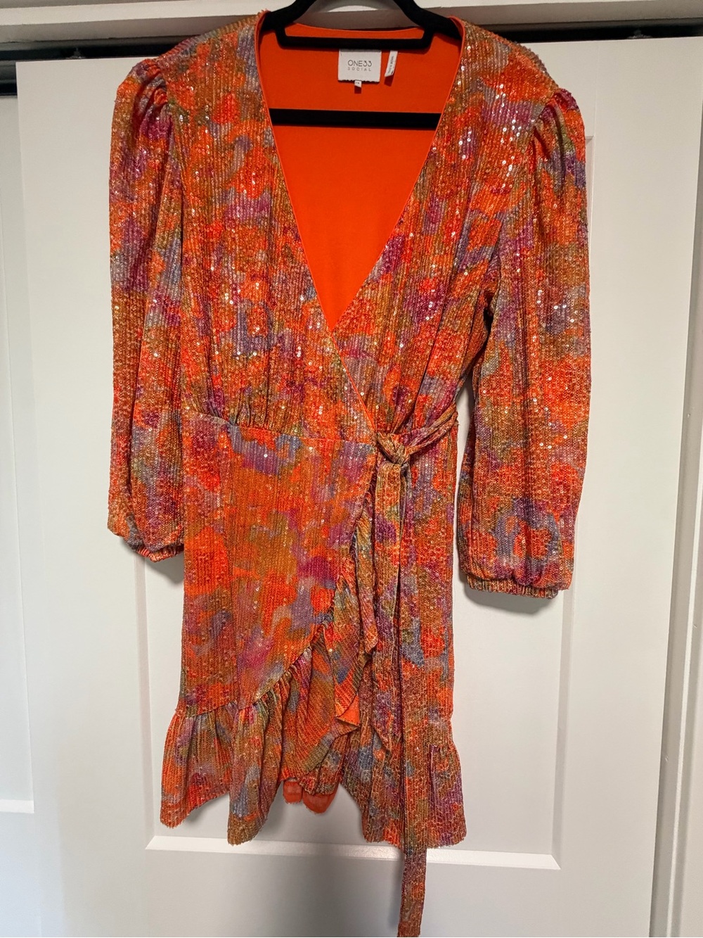 ONE33 Social Orange Floral Wrap Mini Dress with Ruffle Hem